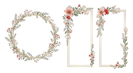 Floral wreath and decorative corner frames with red and pink flowers and green foliage on white background