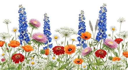 A colorful border of wildflowers including poppies, delphiniums, and daisies isolated on white background