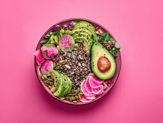 Vibrant Buddha Bowl with Avocado and Watermelon Radish on Pink Background Overhead Shot