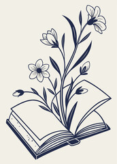 Botanical vector design featuring an old book with blossoms sprouting from pages, ideal for themes of wisdom, mindfulness, and intellectual renewal