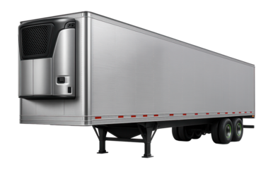 Insulated reefer trailer with aluminum exterior and prominent cooling unit on front