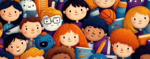 Vibrant illustration of diverse children smiling together in a cheerful group setting