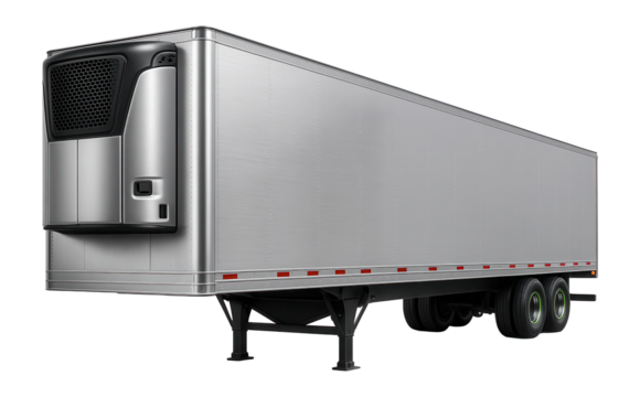 Insulated reefer trailer with aluminum exterior and prominent cooling unit on front
