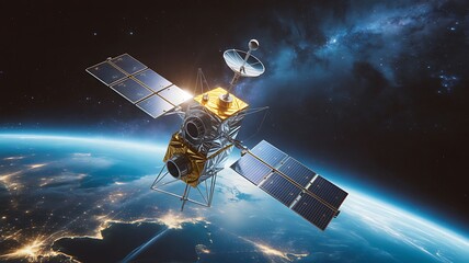 A modern satellite in orbit around planet earth, showcasing advanced technology for global communication and navigation in the vastness of space