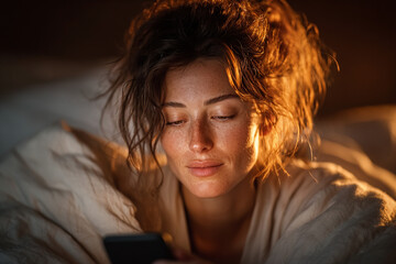 A woman with freckles using her smartphone in bed at night with a warm, cozy light. Concept of digital lifestyle, social media connection before sleep, and relaxation. Authentic and intimate portrait.