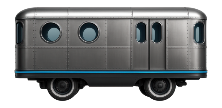 Retro metro carriage with a riveted exterior and small, circular side windows