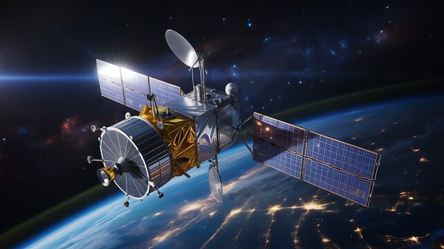 A modern satellite in orbit around planet earth, showcasing advanced technology for global communication and navigation in the vastness of space - Powered by Adobe