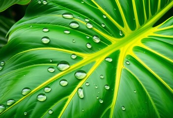 Giant monstera deliciosa leaf, glistening with large water droplets,  image,  nature