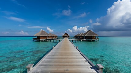 A long wooden pier leads to luxurious overwater bungalows in a crystal clear turquoise ocean under a bright blue sky with fluffy clouds