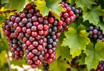 Obraz premium Clusters of plump red and purple grapes, vibrant green leaves, close-up, still life