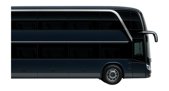 Double-decker coach with integrated luggage compartments and tinted windows