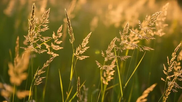 Golden Grass Field in Sunset Light with Soft Focus Nature Background and Warm Tone Color Palette with Green and Yellow Hues