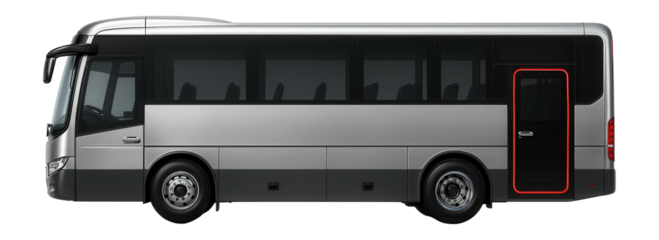 Suburban commuter bus with large front windshield and rear emergency exit door