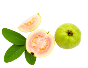 Fresh Guava Fruit Whole and Sliced with Green Leaves Isolated on White Background