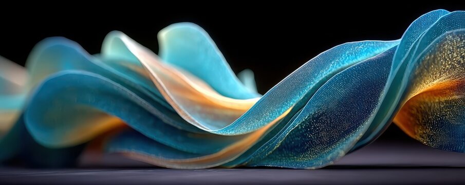 Abstract flowing ribbon form with blue and gold gradient in dark background