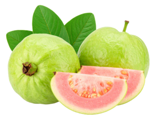 Fresh Guava Fruit Whole and Sliced with Green Leaves Isolated on White Background