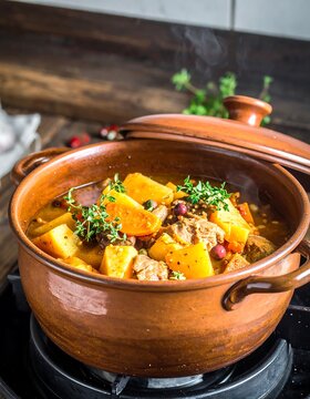 Rustic earthenware pot filled with a hearty stew featuring chunks of meat and vegetables, simmering on a stovetop