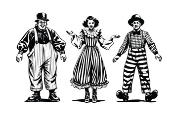 Clown Fashion Vector Set - Engraved Theatrical & Carnival Style Illustrations