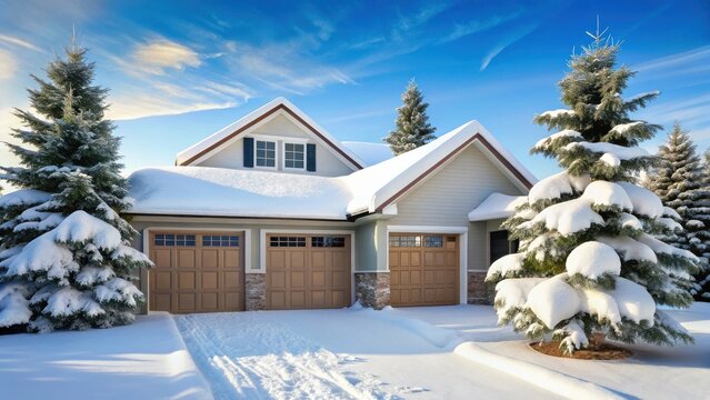 A serene winter scene featuring a charming house nestled amongst snow-laden evergreens, showcasing a picturesque winter landscape and a cozy home environment.