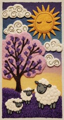 Woolen sheep and tree, sun, clouds