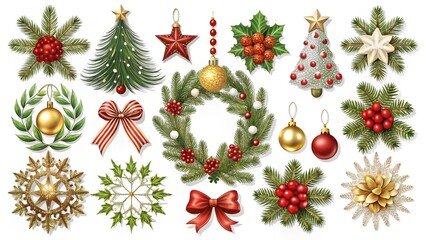 Collection of christmas decorations including trees, wreath, snowflakes, star, holly, berries, and bows, isolated on white background