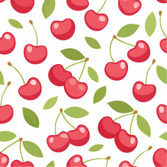 Seamless red cherry pattern on white background, ideal for fruit prints, summer-themed designs, fabrics, wallpapers, wrapping, and vibrant digital projects.