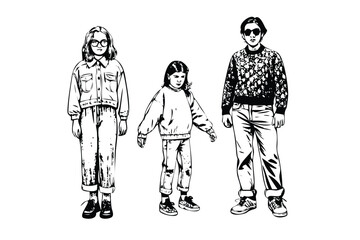 Indie Kid Fashion Vector Set - Engraved Retro & Alternative Style Illustrations