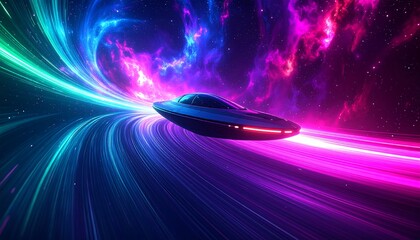 Obraz premium A futuristic spacecraft navigates a vibrant, swirling galaxy tunnel, lit by streaks of neon light.