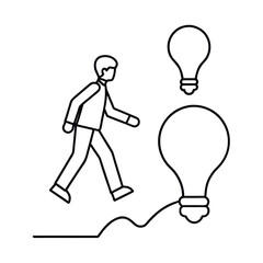 Man walking towards light bulbs with ideas businessman