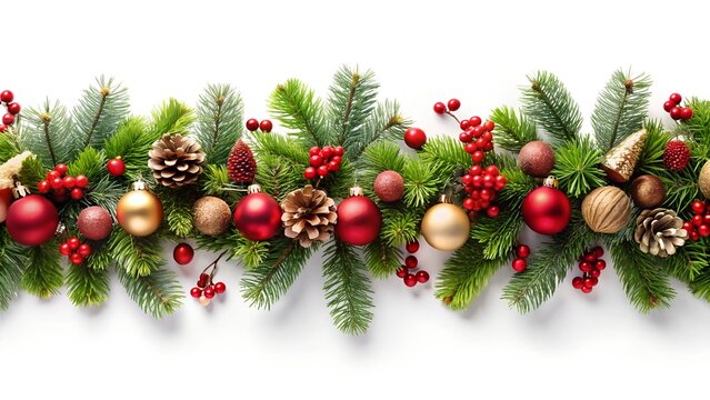 Christmas garland with fir branches, ornaments, pinecones, holly, and berries, isolated on white background