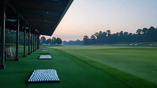 Serene Sunrise Over Pristine Golf Driving Range: A Perfect Morning for Practice