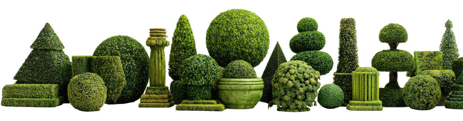 Collection of sculpted topiary in various shapes and sizes