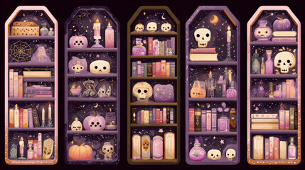Spooky kawaii bookshelf collection in coffin shape design. whimsical assortment of magic books, potions, and cute skulls perfect for halloween or witchcraft themes