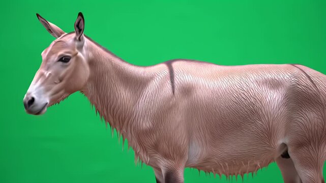 Domestic Donkey Standing Side View on Bright Green Screen for Easy Compositing
