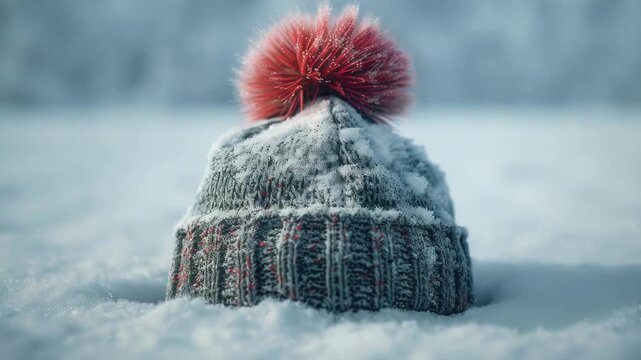A knitted hat with a bright red pom pom sitting in the snow, great for winter scenes or cold weather compositions