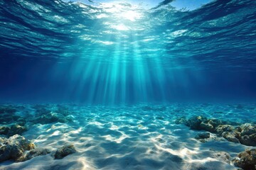 Fototapeta premium Underwater scene with sun rays shining through water surface in tropical ocean paradise from low angle