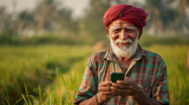 Happy indian elderly farmer man using smartphone in rural field. senior man smiles, showing technology adoption, communication, and modern agriculture in village - Powered by Adobe