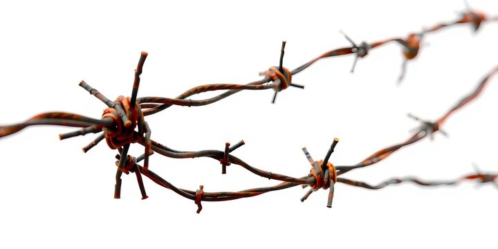 Close-up of broken rusty barbed wire on pristine white background,  abandoned,  fence