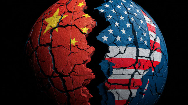 Cracked globe split in two halves with China and USA flags represents conflict and tension. This symbol of international relations shows trade war and geopolitical crisis
