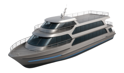 Luxury passenger ferry with multiple decks and large panoramic windows