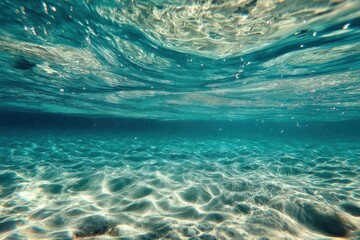 Fototapeta premium Underwater View of Turquoise Ocean Water with Sunlight Reflections on Sand Bottom in Tropical Paradise
