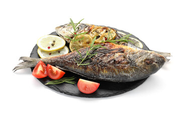 Tasty roasted dorado fish with spices and tomato isolated on white. Homemade seafood dish