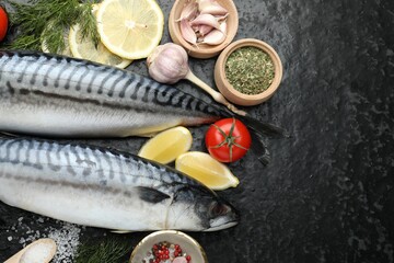 Seafood delicacies. Fresh raw mackerels and spices on black table, flat lay. Space for text