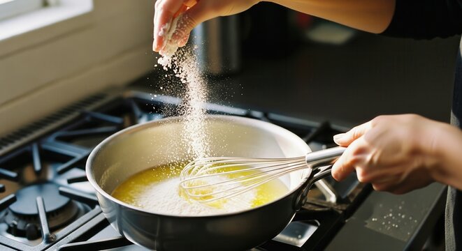 Chef adding flour to melted butter in a pan on a stovetop.