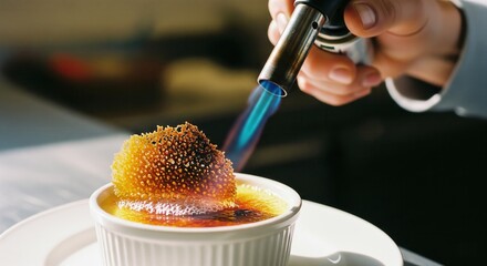 Chef caramelizing crème brûlée dessert with a blowtorch.