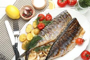 Tasty roasted mackerels with spices, tomatoes and potatoes on white wooden table, flat lay. Homemade seafood dish
