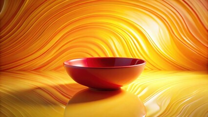 A vibrant red bowl rests elegantly on a dynamic, golden, wave-like surface, creating a visually striking composition.