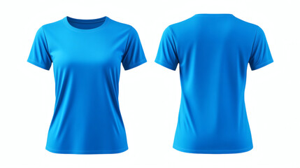 Plain bright blue round neck t-shirt 3D mockup showcasing front and back views for women's apparel design presentation on white background