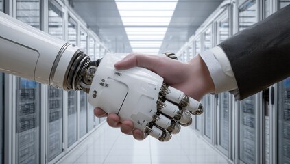 A robotic arm shakes hands with a human in a server room (2)