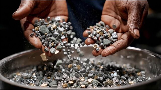 Rare earth minerals industry. Extraction renewable. Elements mining energy. Hands pouring gemstones and minerals into a metallic bowl.